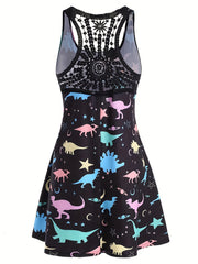 Dinosaur Print Casual Tank Dress with Lace Panel