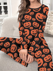 Pumpkin Print Halloween Pajama Set Long Sleeve Crew Neck Top & Elastic Waistband