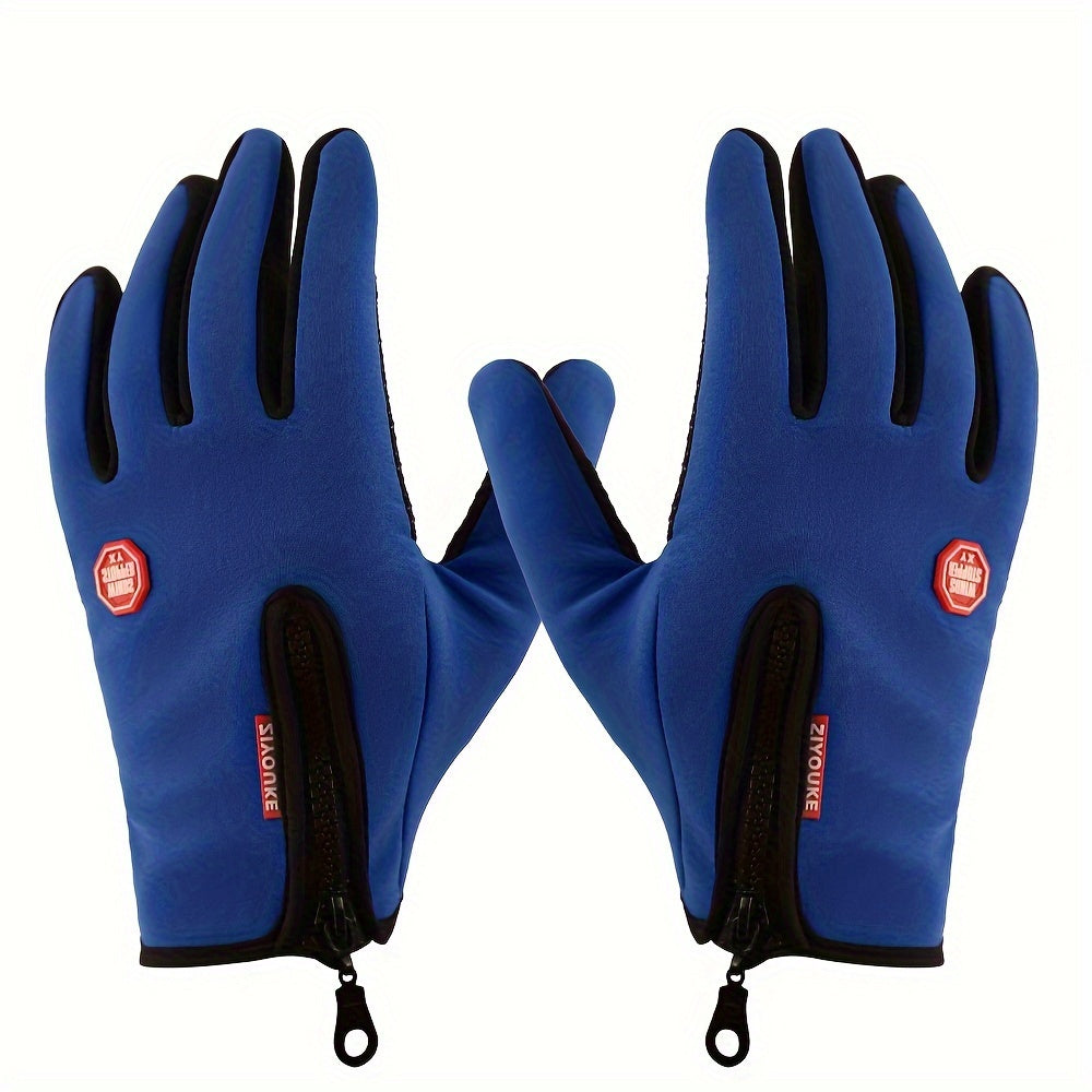 1pair Zipper Anti-splashing Touch Screen Gloves Outdoor Warm Winter Plus Velvet