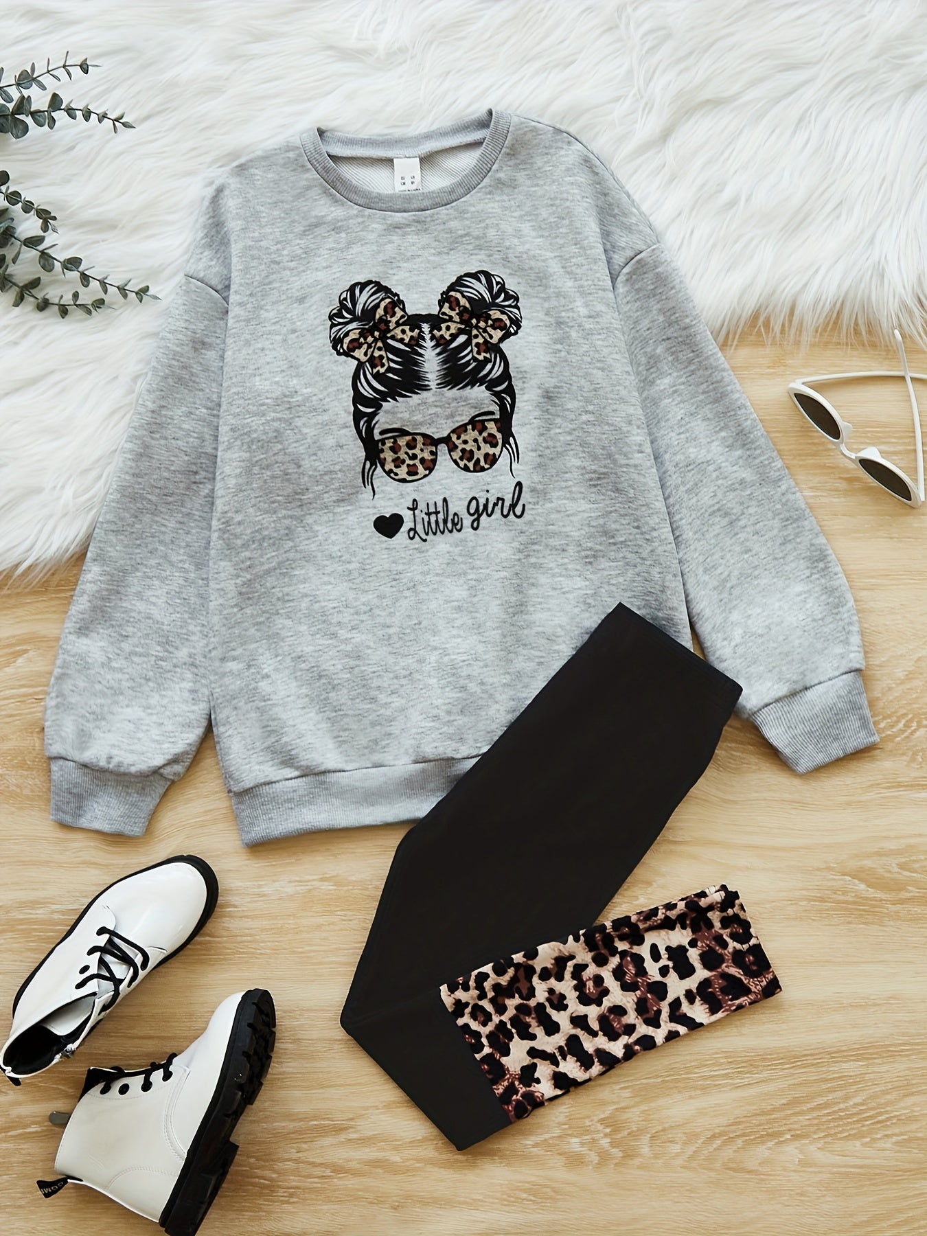 Girls Leopard Print Sweatshirt Top & Leggings Set for Kids
