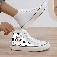 Cow Print Plush Lined Chunky Canvas Sneakers Warm Winter Shoes