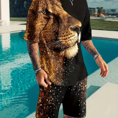 Totem Pattern Men's 2-Piece Outfit: T-shirt & Drawstring Shorts Set