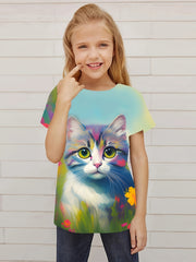 Sweet Flower Kitty Graphic Short Sleeve T shirt Girls Summer Tops
