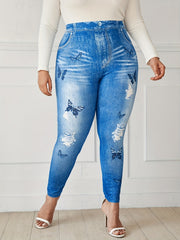 Butterfly & Denim Print High Rise Skinny Leggings