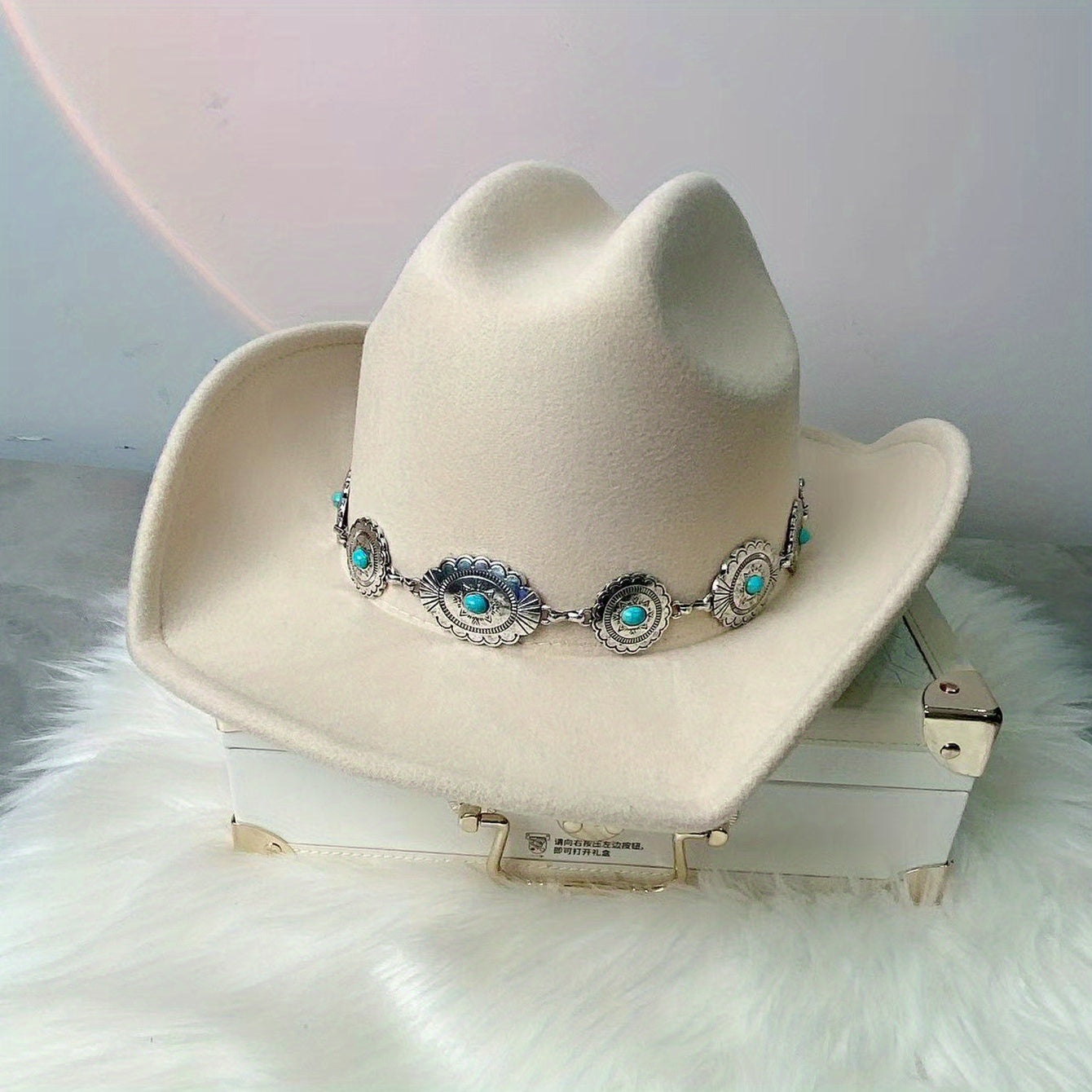 Boho Turquoise Chain Fedora Cap Vintage Solid Jazz Hat Unisex