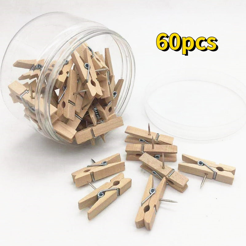 60pcs Wooden Push Pins and Clips for Cork Boards Bulletin Boards Crafts Art Phot