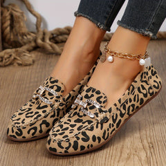 Leopard Print Flat Shoes Rhinestone Buckle Slip On Lightweight Walking Shoes