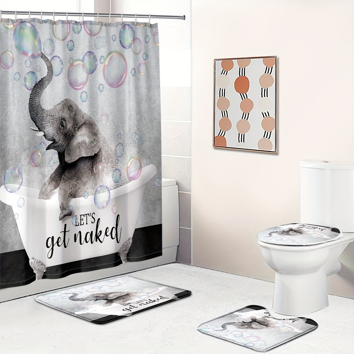 Waterproof Elephant Shower Curtain Set with Memory Foam Mat and Non Slip Rug