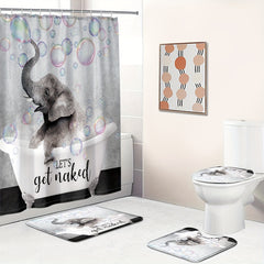 Waterproof Elephant Shower Curtain Set with Memory Foam Mat and Non Slip Rug