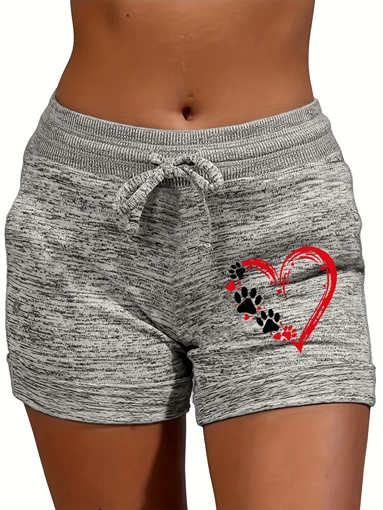 Heart & Paw Print Drawstring Shorts Women's Casual Shorts