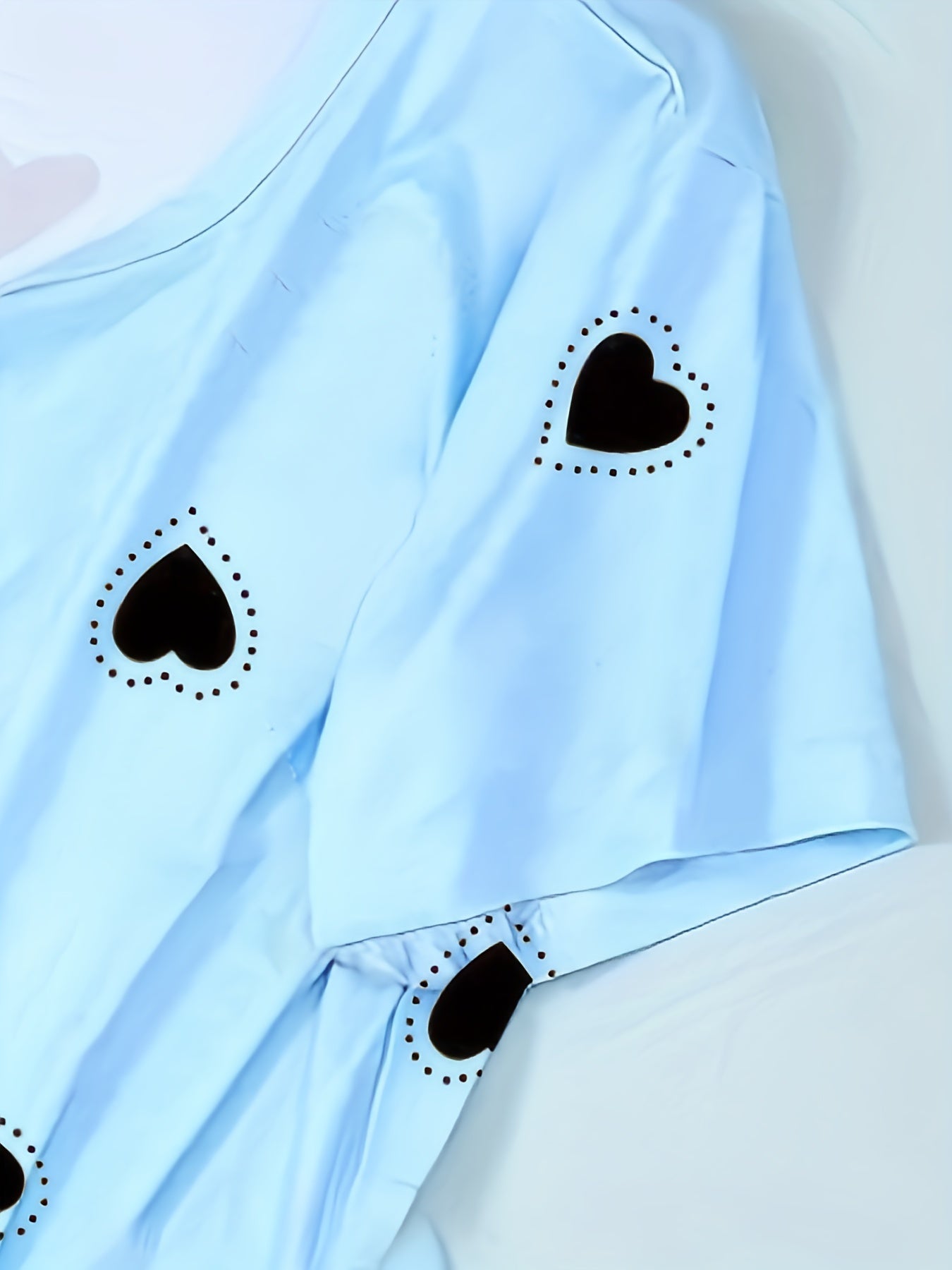 Heart Print Pajama Set Short Sleeve Top & Loose Pants Women's Loungewear