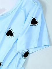 Heart Print Pajama Set Short Sleeve Top & Loose Pants Women's Loungewear