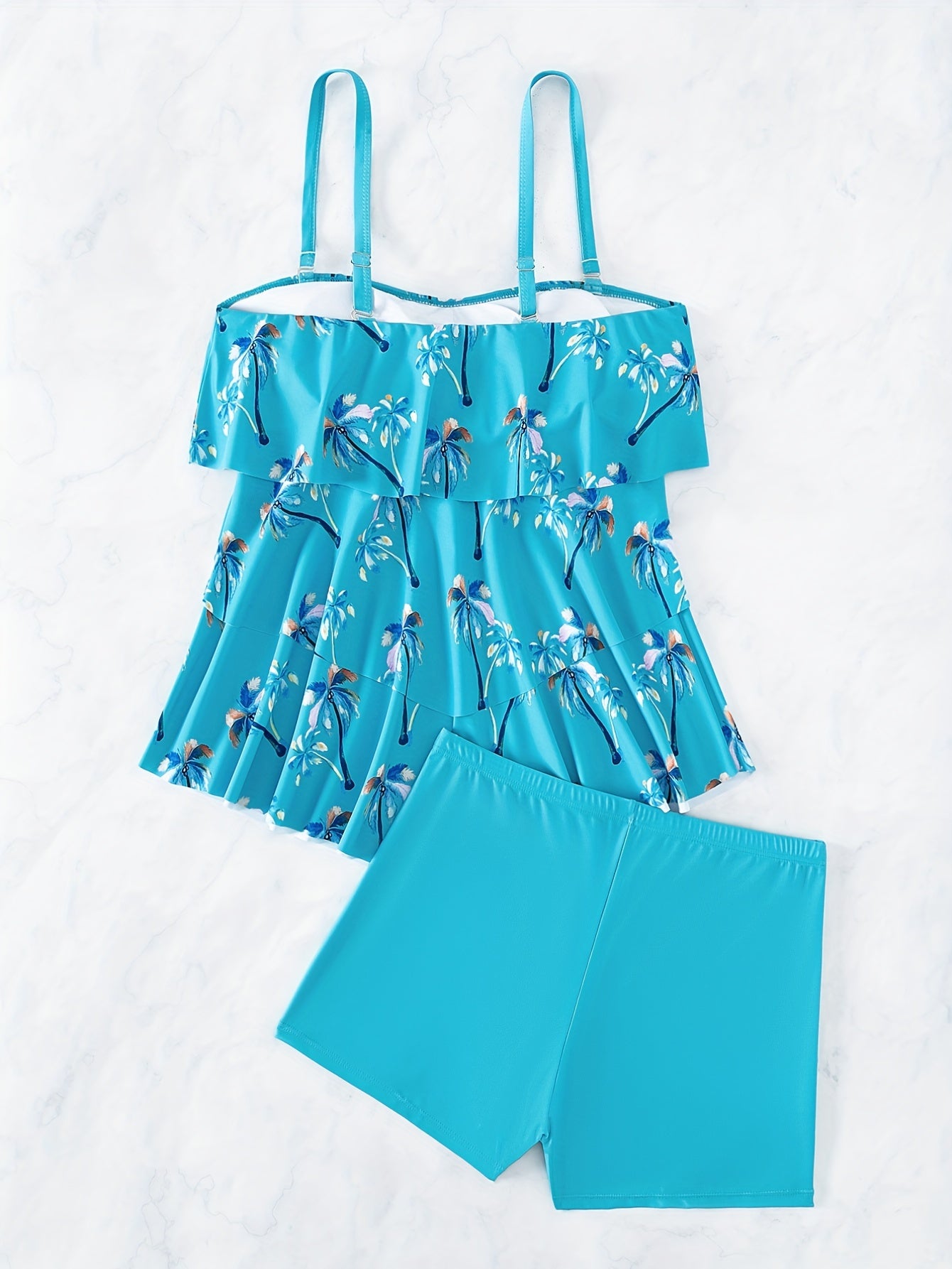 Palm Tree Tiered Layer Ruffle 2 Piece Tankini Set Swimsuit Women's Swimwear