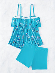 Palm Tree Tiered Layer Ruffle 2 Piece Tankini Set Swimsuit Women's Swimwear