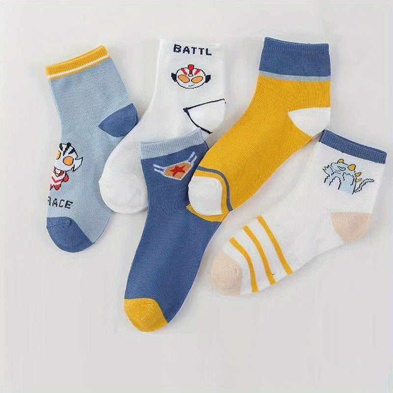 5 Pairs Kids Cartoon Print Crew Socks for All Seasons