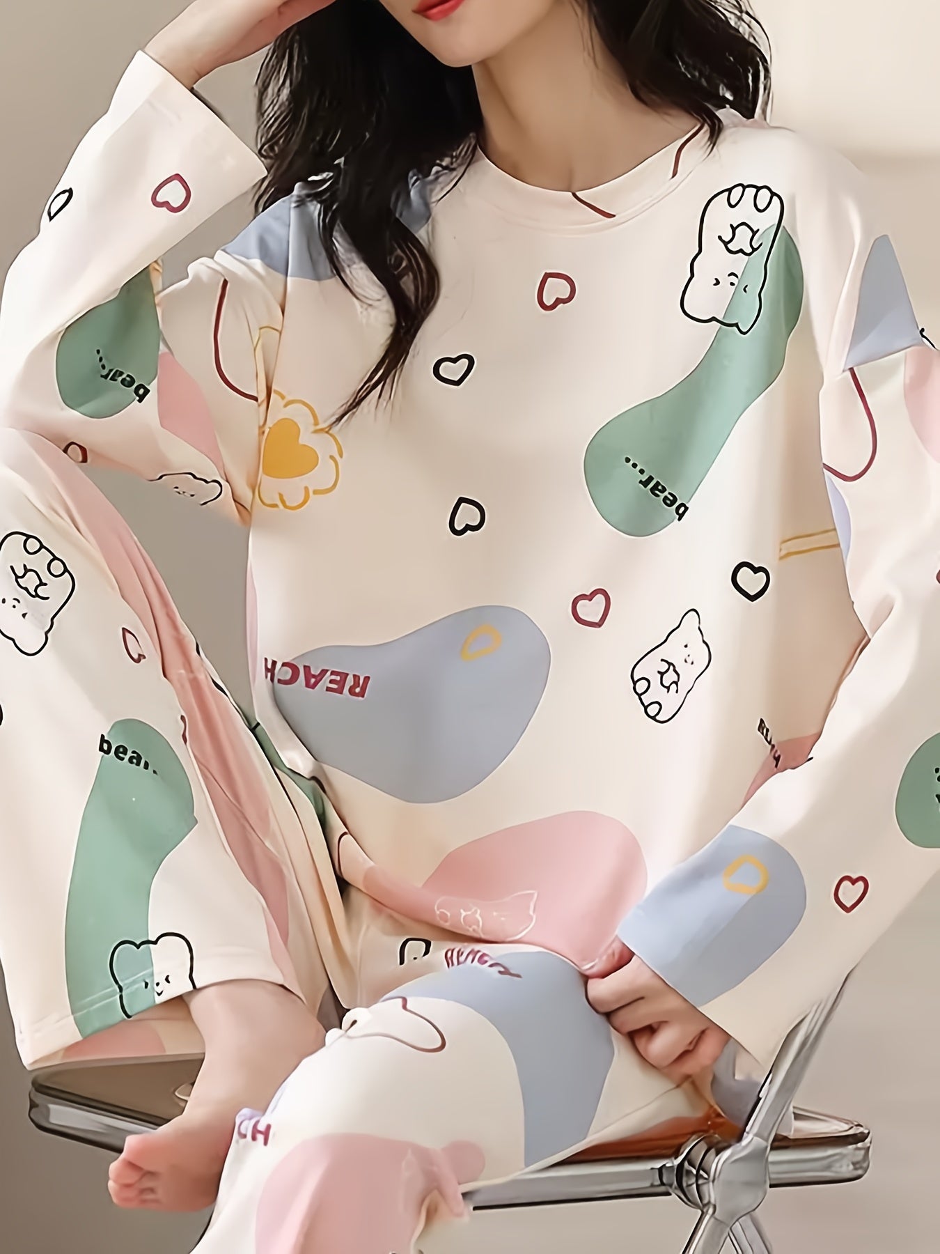 Cartoon Print Pajama Set Long Sleeve Top & Elastic Waistband Pants