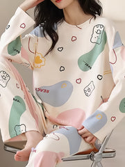 Cartoon Print Pajama Set Long Sleeve Top & Elastic Waistband Pants