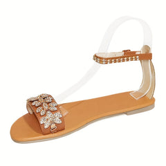 Women's Rhinestone Flower Decor Sandals Buckle Strap Flat Summer Shoes