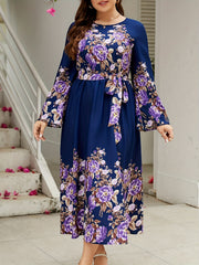 Floral Print Bell Sleeve Plus Size Maxi Dress With Belt