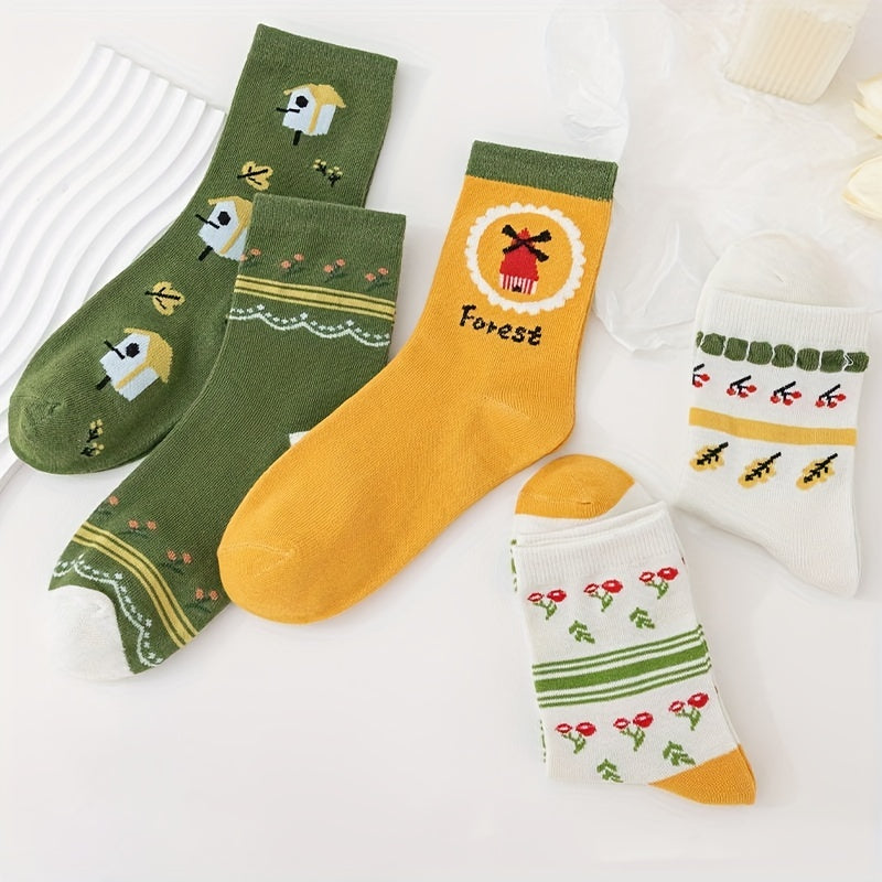 5 Pairs Floral Print Socks Mid Tube Women's Stockings