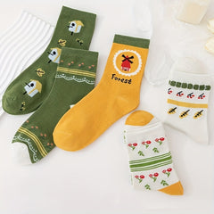 5 Pairs Floral Print Socks Mid Tube Women's Stockings