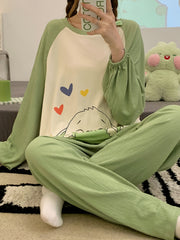 Bunny Print Pajama Set Long Sleeve Crew Neck Top & Pants