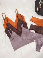 Solid Ribbed Bra & Panties Set Stretch Wireless Bra & Thong Lingerie