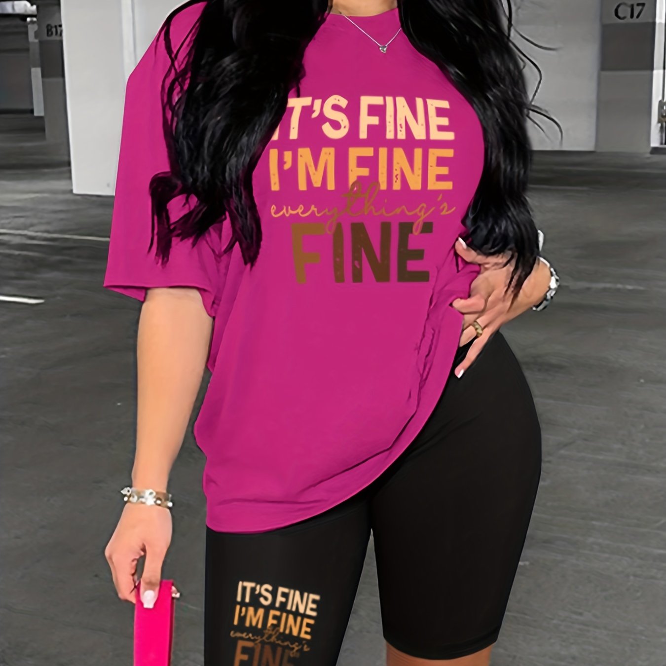 Letter Print Matching Two piece Set Casual Short Sleeve T shirt & Skinny Shorts
