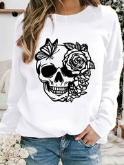Rose Skull Print Loose Sweatshirt Casual Long Sleeve Crew Neck Women's Clothing