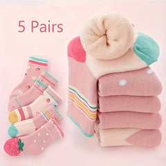5 Pairs Girl's Cartoon Knitted Socks Warm Soft Crew Socks