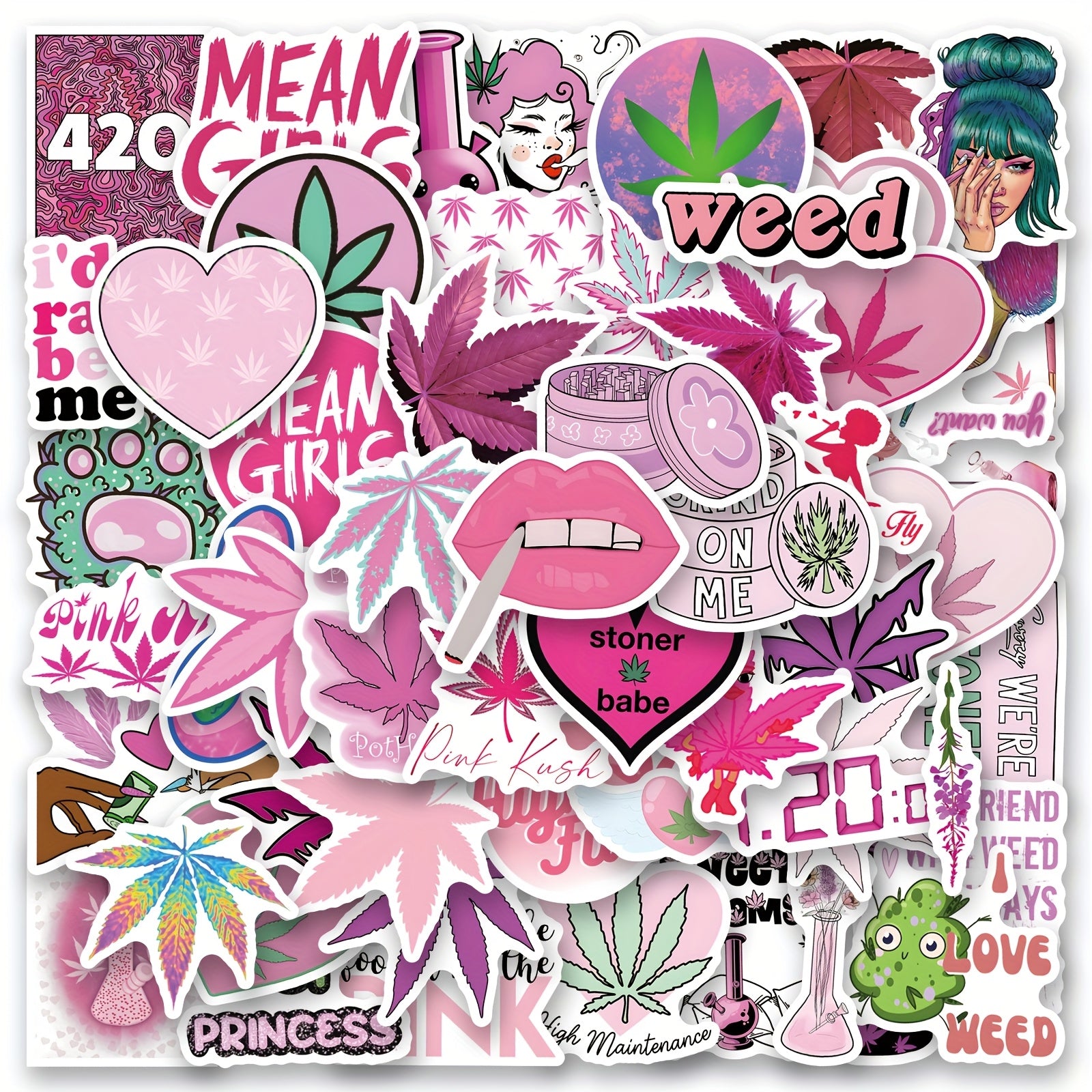 60pcs Pink Leaf & Cannabis Vinyl Stickers for Laptops Water Bottles Cars