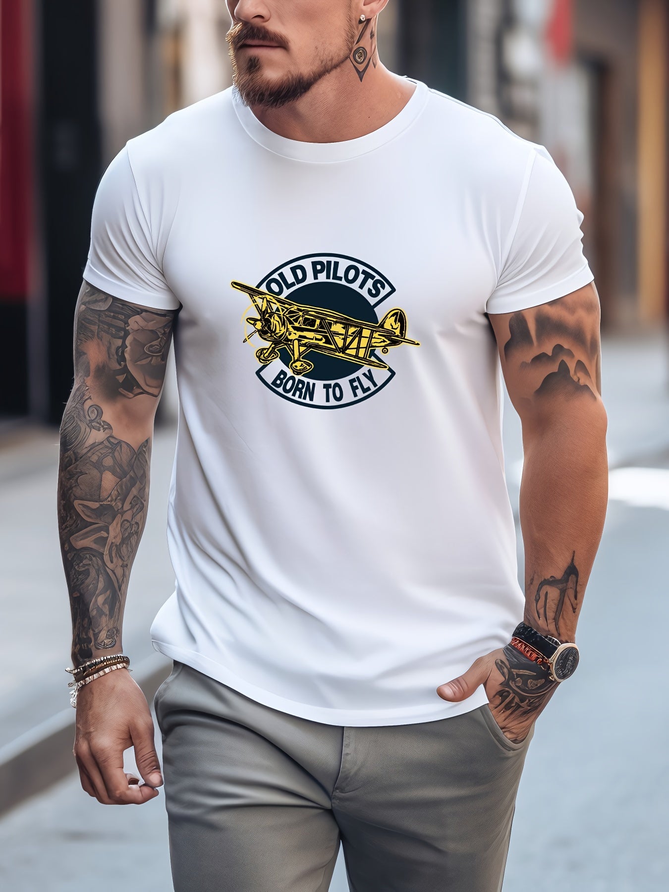 Plane Pattern Leisure Sports T shirt Men's Casual Street Style Stretch Tee Shirt