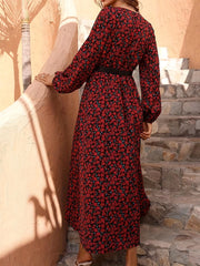 Floral Print V Neck Maxi Dress Long Sleeve High Waist