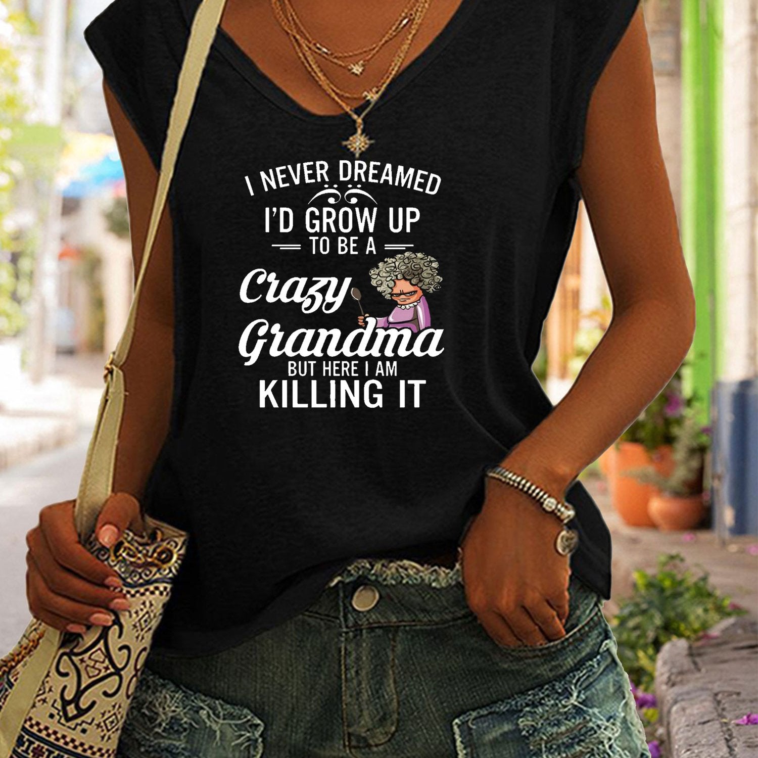 Crazy Grandma Print Top Summer Casual Top Women's Clothing