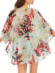 Floral Print Cover Up Shirt V Neck Loose Fit Semi Sheer Cover Up Shirt