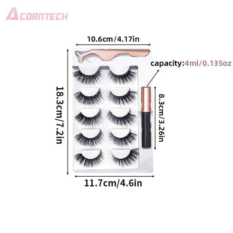 5 Pairs Magnetic False Eyelashes Set With Liquid Eyeliner And Tweezers