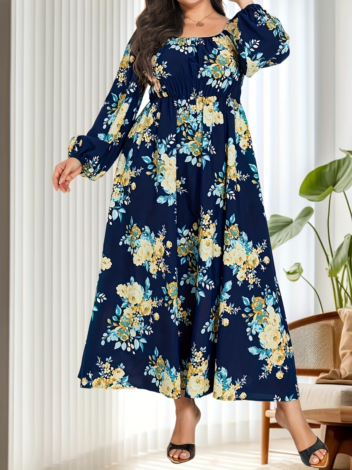 Floral Lantern Sleeve Maxi Dress Nipped Waist