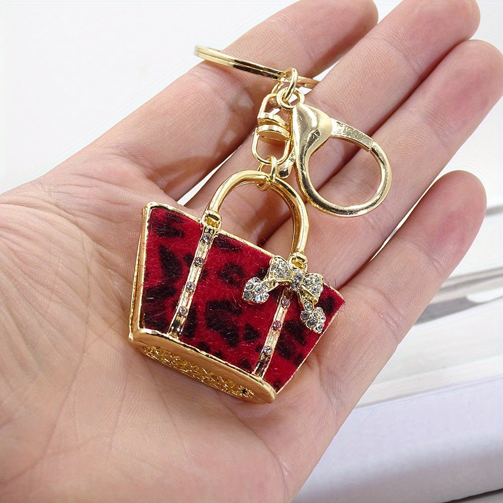 Leopard Bag Keychain Rhinestone Key Ring Purse Accessory