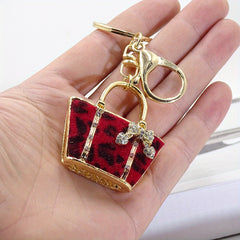Leopard Bag Keychain Rhinestone Key Ring Purse Accessory