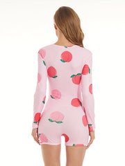 Peach Print Shorts Romper V-Neck Long Sleeve Pajamas