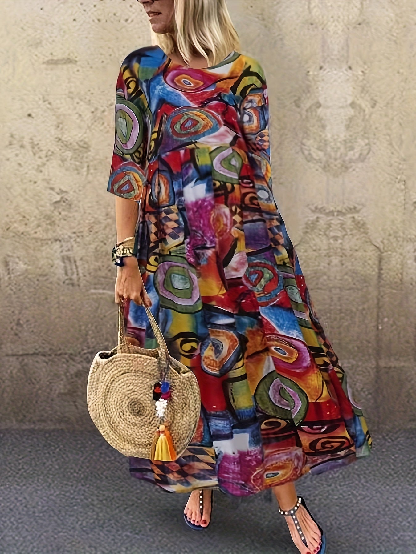 Boho Dress Women's Plus Size Allover Print Half Sleeve Maxi Dress