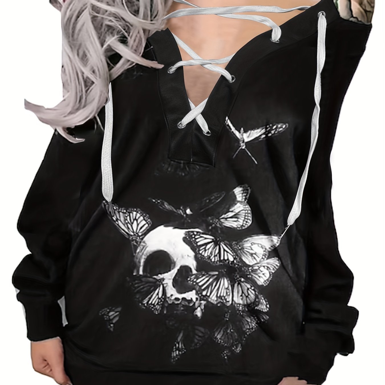 Gothic Skull Print Pullover Sweatshirt Halloween Tie Front Long Sleeve