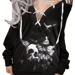 Gothic Skull Print Pullover Sweatshirt Halloween Tie Front Long Sleeve