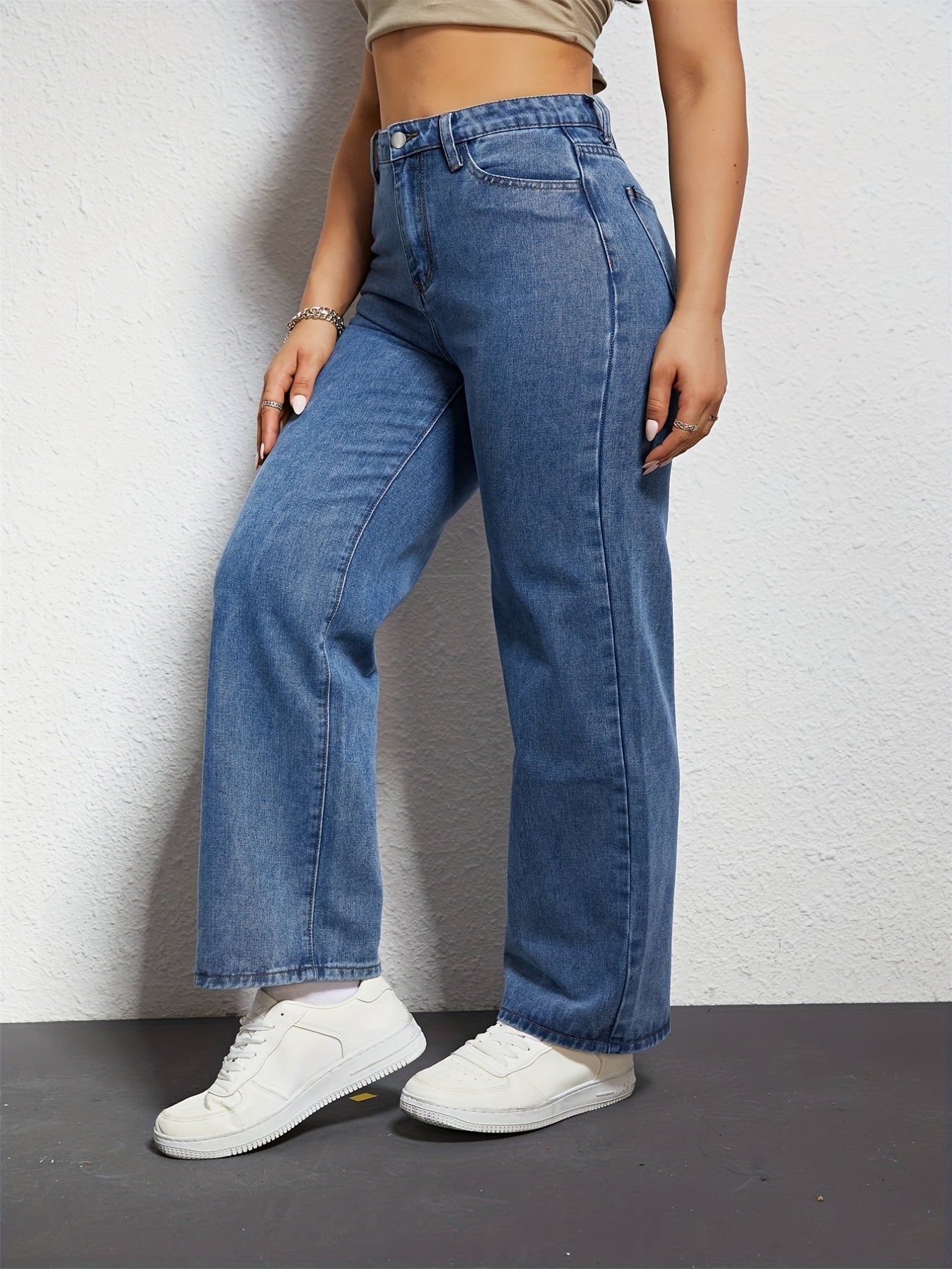 Wide Leg Straight Jeans Slash Pockets High Waist Denim Pants