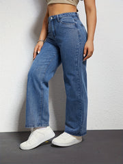Wide Leg Straight Jeans Slash Pockets High Waist Denim Pants