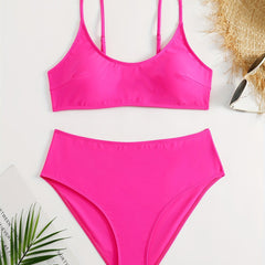 Casual Bikini Set Women's Solid Round Neck 2 Piece Set