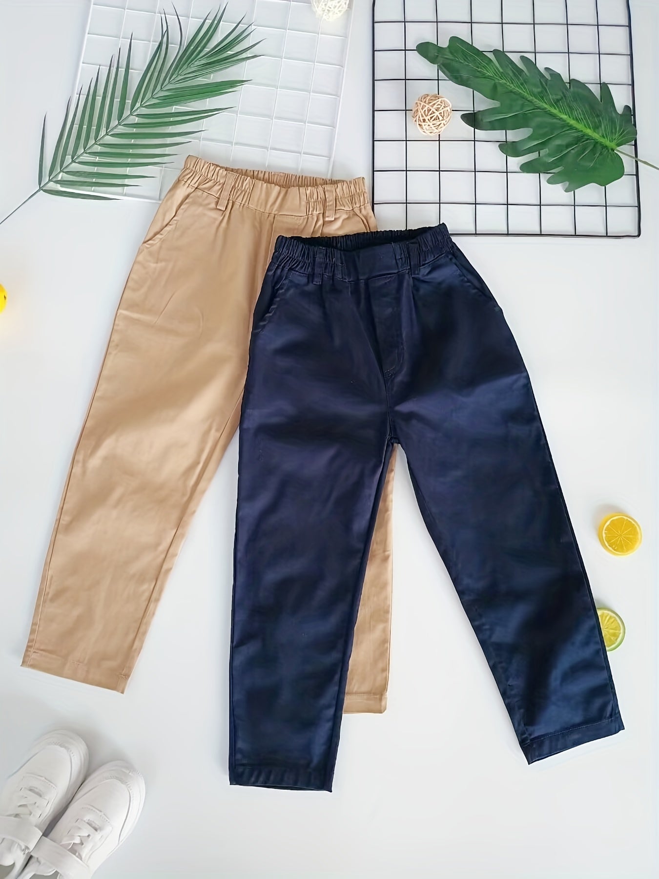 2pcs Boys Solid Loose Cargo Pants Elastic Waist Jogger Pants With Pocket