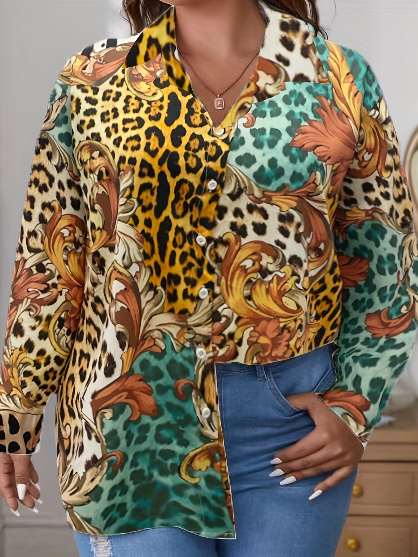 Colorblock Leopard & Baroque Print Button Up Blouse