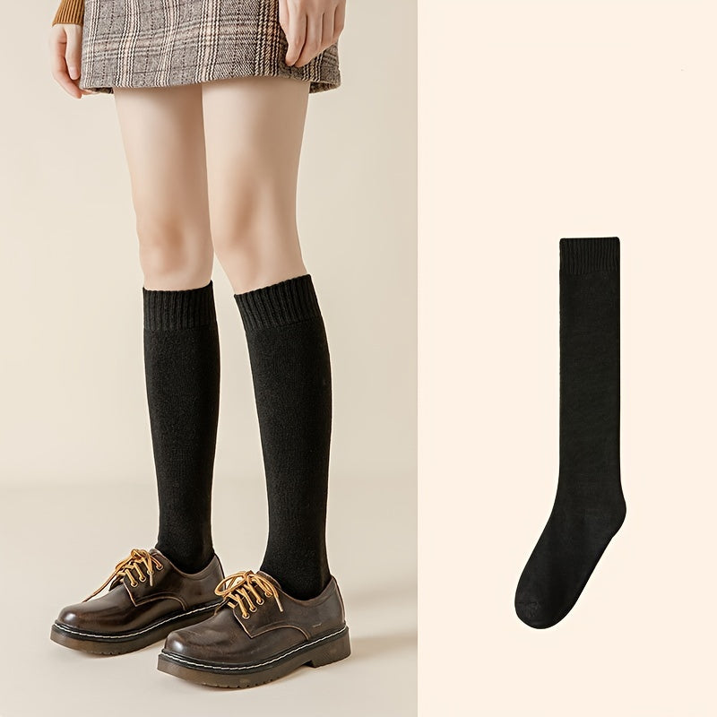 5 Pairs Warm Knee High Calf Socks Women's Stockings Solid Color