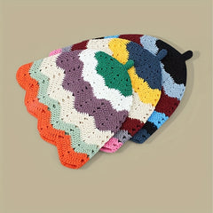 Striped Beanie Y2K Hollow Crochet Cloche Hat Lightweight Knit Skull Cap